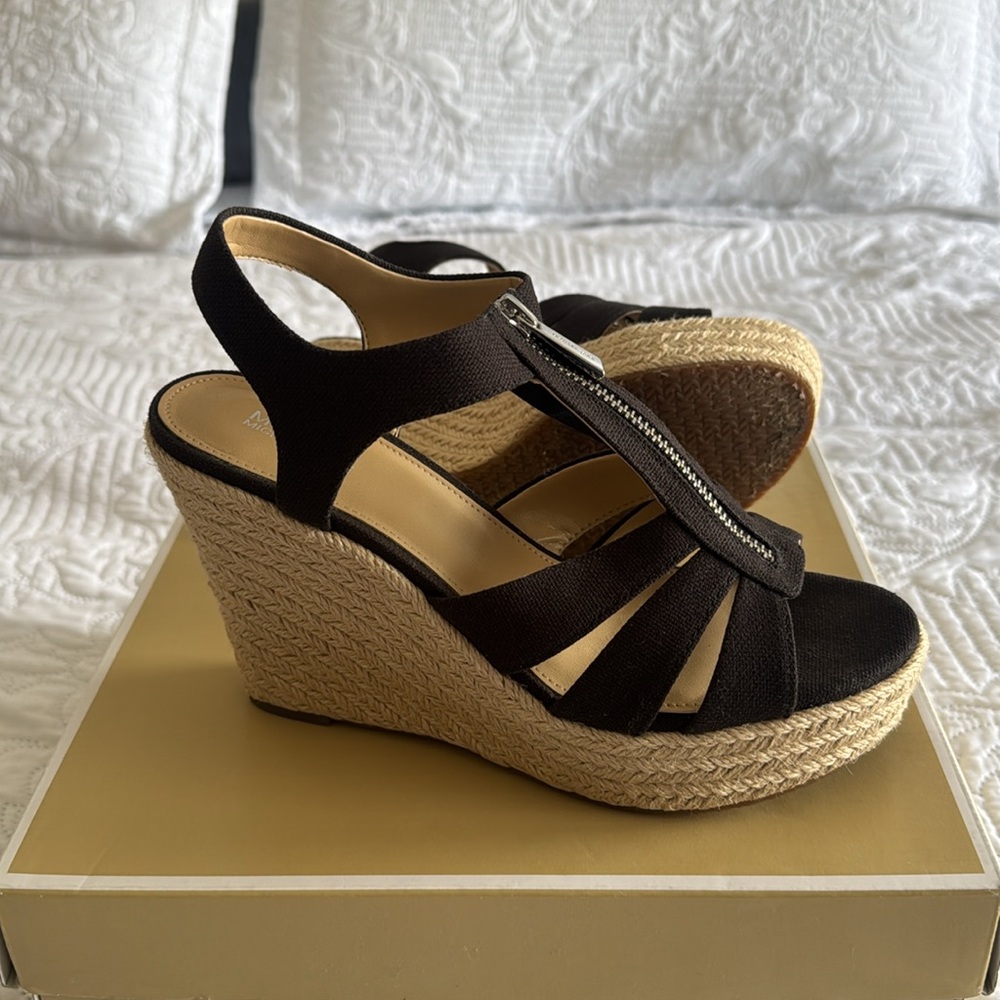 Michael Kors Black and Tan Wedge Sandals